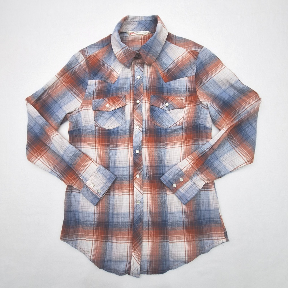 Cumberland Outfitters Shirt Womens Small Blue Orange Plaid Western Pearl Snap